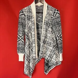 TINY Women's Black‎ White Fair Isle Plaid Asymmetrical Cardigan Sweater Size S